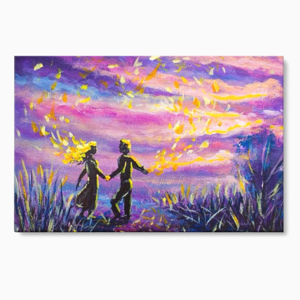 Tablou canvas cu tablou canvas cuplu sub cer lila, fara rama, pe sasiu de lemn
